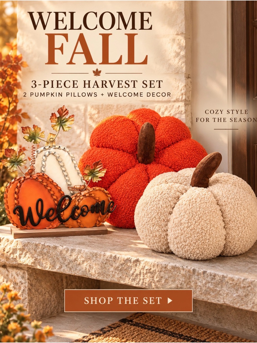 Cozy Harvest Pumpkin Pillow & Welcome Sign Set - Orange & Cream